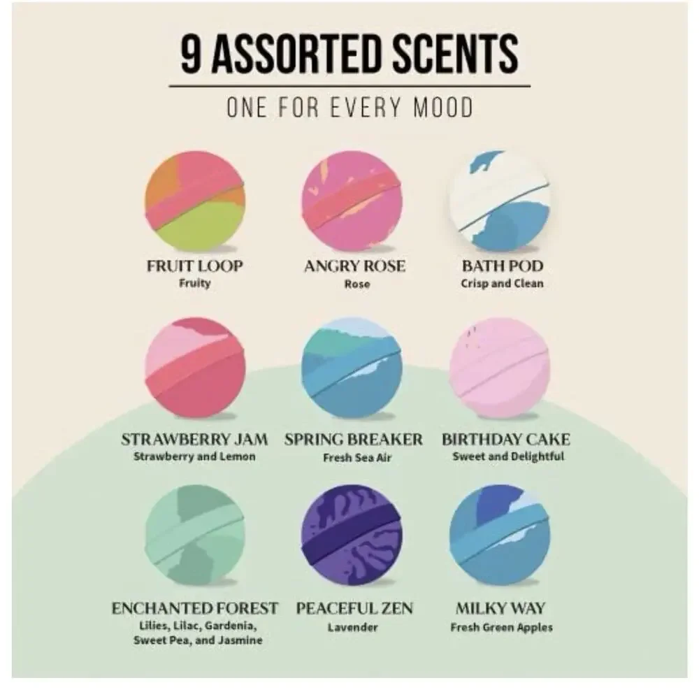 Naturally Vain Luxury Bath Bomb Set 9Pack Assorted Scents Non Staining